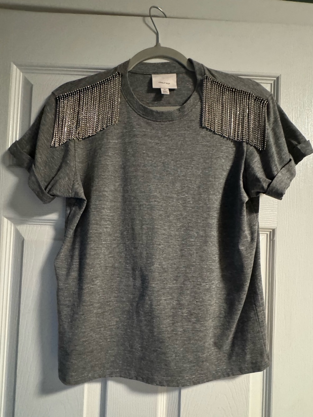 cinq a sept Gray Short-Sleeve Tee with Metallic Shoulder Fringe